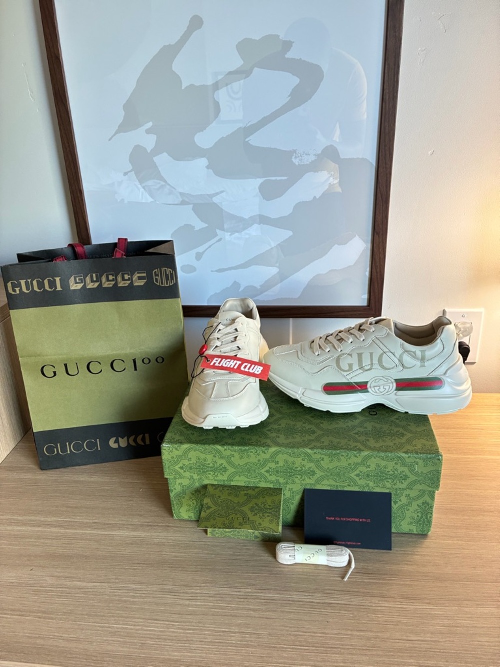 Gucci White Rhyton Sneakers with Red & Green Web